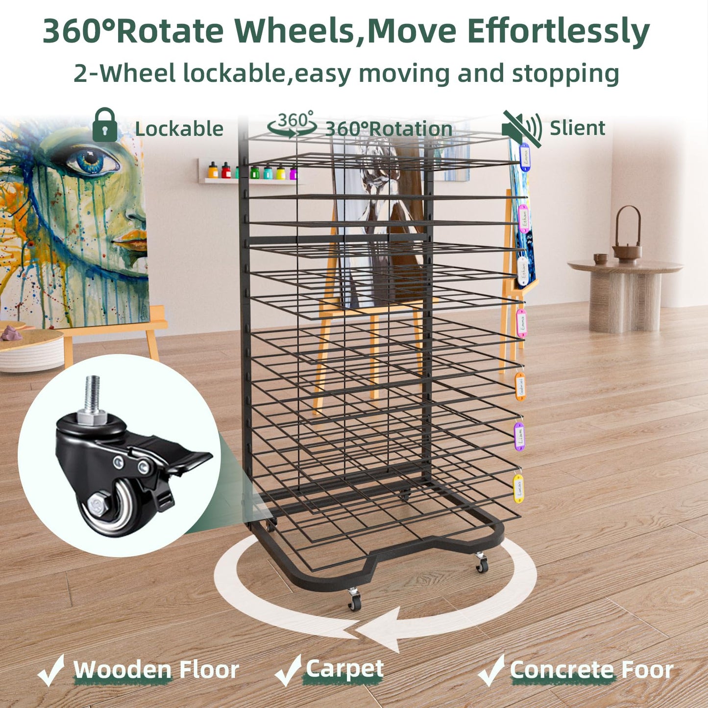 Xstermism Art Drying Rack for Classroom,Paint Drying Rack On Wheels with 19 Removable Shelves,Study Metal Art Storage Rack for Art Studios,Schools