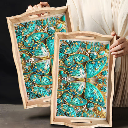 ARTopet DIY Diamond Art Painting Creative Design Handmade Wooden Serving Tray Dinner Plate Partial Diamond Art Breakfast Tray for Coffee Living Room Home Organizer - Green Butterfly