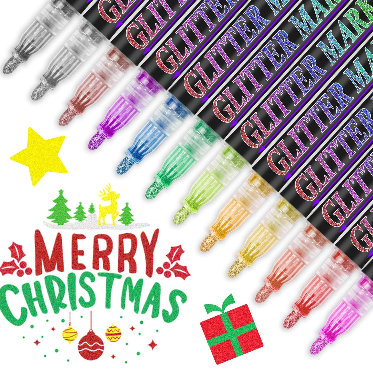 Celepen Glitter Marker Pens, 12 Colors Metallic Shimmer Glitter Markers Paint Pens, Glitter Art Marker for Adults DIY Crafts Greeting Birthday Cards Making Poster Album Scrapbooking Wood