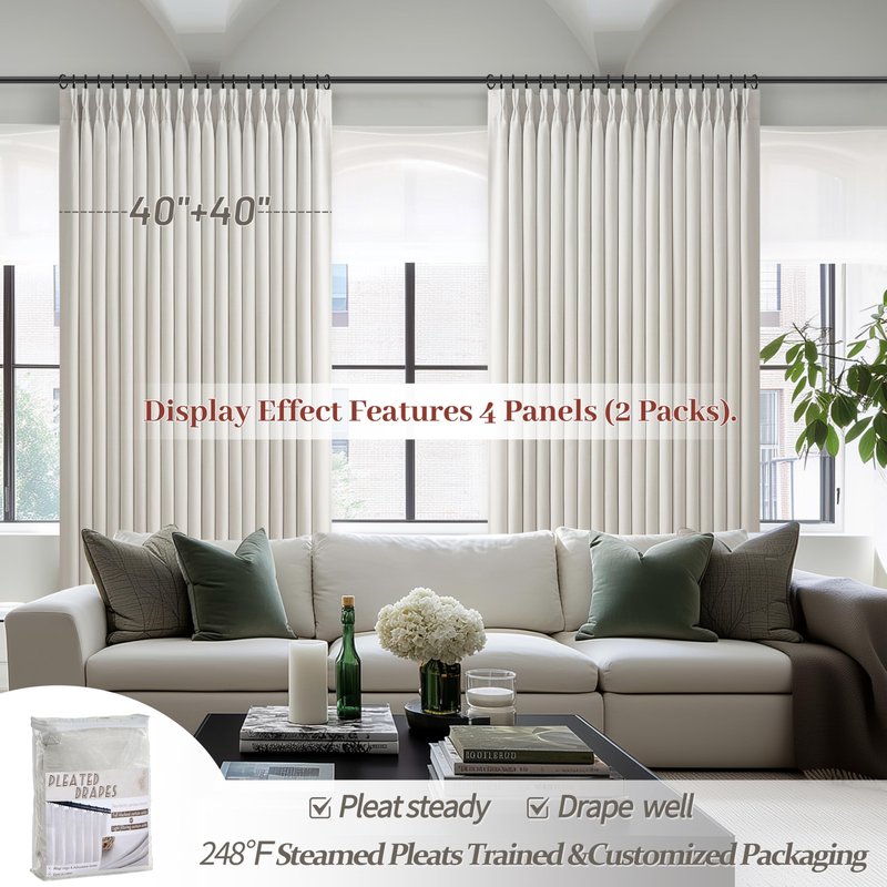 100% Blackout Linen 96 Inch Curtains 2 Panel Set for Bedroom, Modern Pinch Pleated Natural Linen Off Beige White Insulated Heavy Curtain 40 x 96 Inches Length Sliding Glass Door Room Darkening Drapes