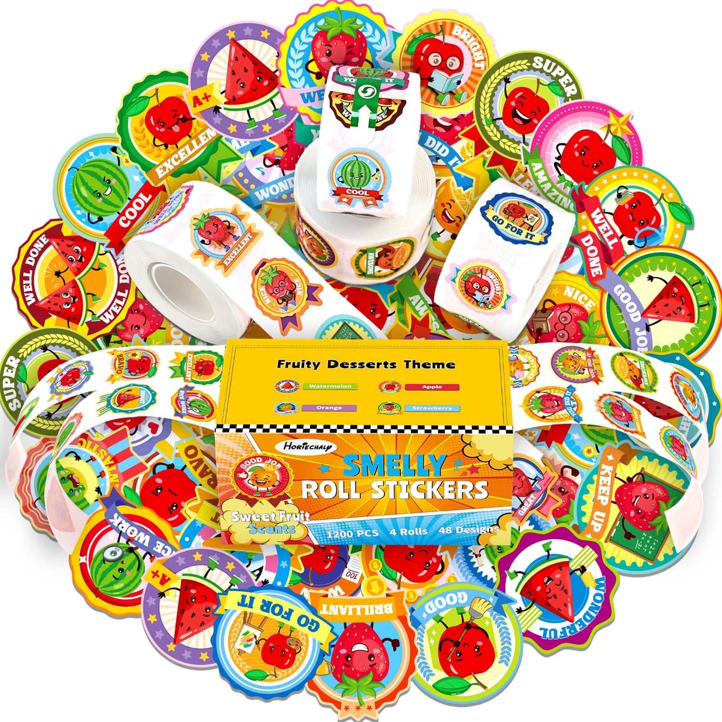 HORIECHALY Reward Smelly Roll Stickers for Kids 4 Rolls, 1200 PCS 4 Scent Scratch and Sniff Stickers Food Theme, Positive Reward for Classroom, Portable Drawer Box for Travel, Car, Airplane