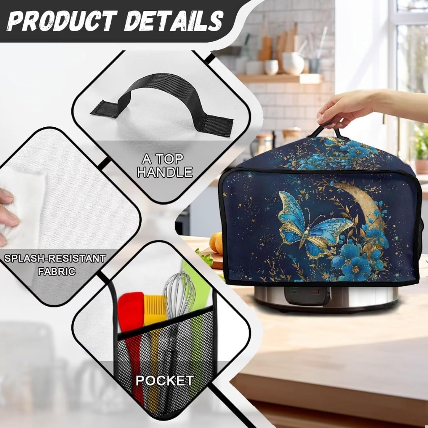 Hippie Flower Slow Cooker Cover, Oval Crock Pot Dust Cover with Handle, Easy to Clean for Home Kitchen