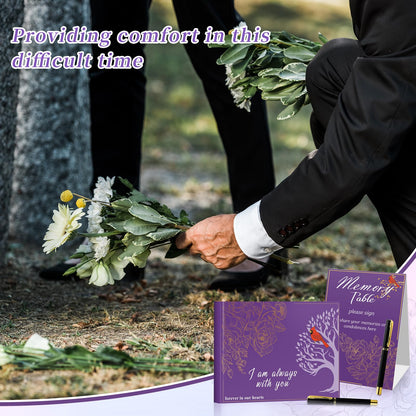 55 Pcs Funeral Supplies Funeral Guest Book for Memorial Service Included Pen Table Sign Cardinal Memorial Memory Cards Box with 50 Pcs Share a Memory Cards for Guest Funeral Farewell Party (Purple)