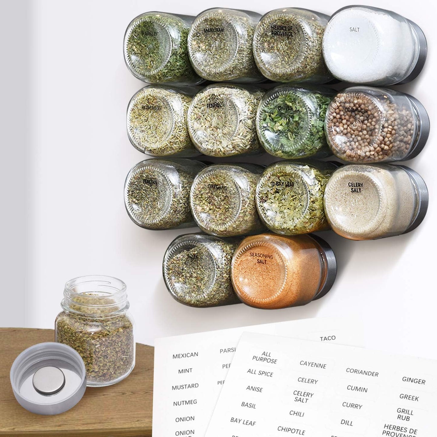 15-Pack, 4 Oz, 60 IMPRESA Clear Glass Magnetic Spice Jars - Labels - Magnet Spice Jars for Refrigerator with Magnet