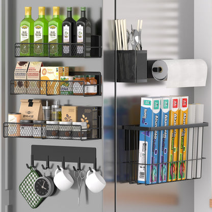 Magnetic Spice Rack for Refrigerator, 6 Pack 100% Metal Strong Magnet Shelf, Space Saving Spice Organizer, Home Kitchen Laundry Room Storage Organization W/ Paper Towel Holder, Utensils Racks (Grey)