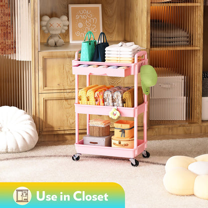 SUNALLY Makeup Cart Organizer with Drawers, Floor Skincare Organizers Vanity Storage Organizer, Rolling Makeup Bathroom Storage Cart Cosmetics Display Cases for Skin Care Perfume Nail Polish, Pink