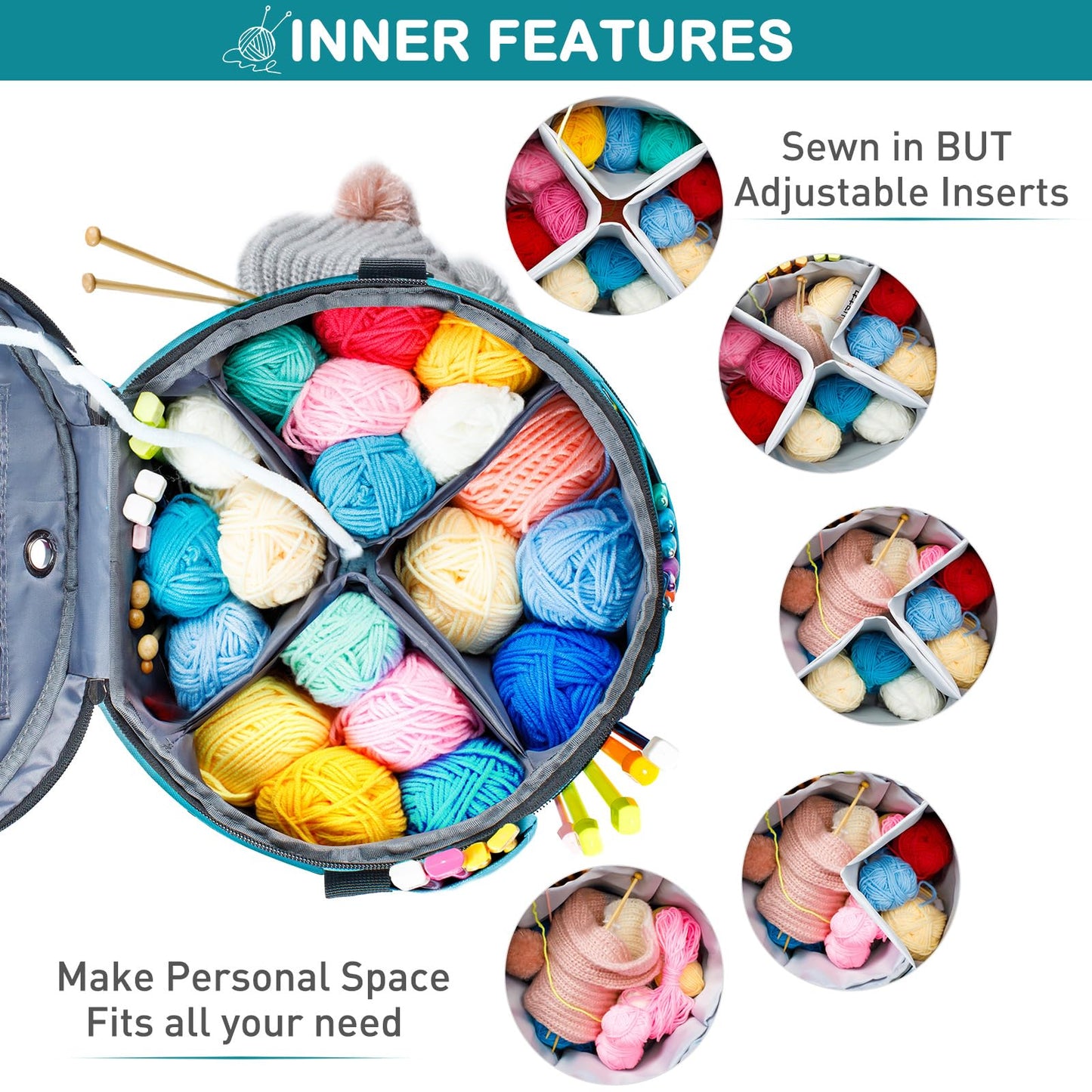 MYBAGZING Expandable Yarn Storage Organizer, Crochet Bag & Yarn Tote with Zipper Closure, Yarn Holder for Crocheting and Knitting for Yarn Skeins, Hooks, Needles,Accessories – Gift for Crafters