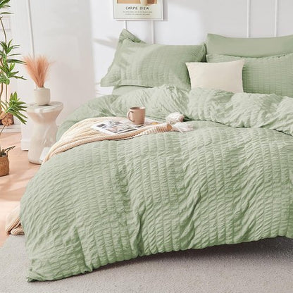 HYMOKEGE King Size Comforter Set - Light Green Seersucker 7-Piece Luxury Bedding Set