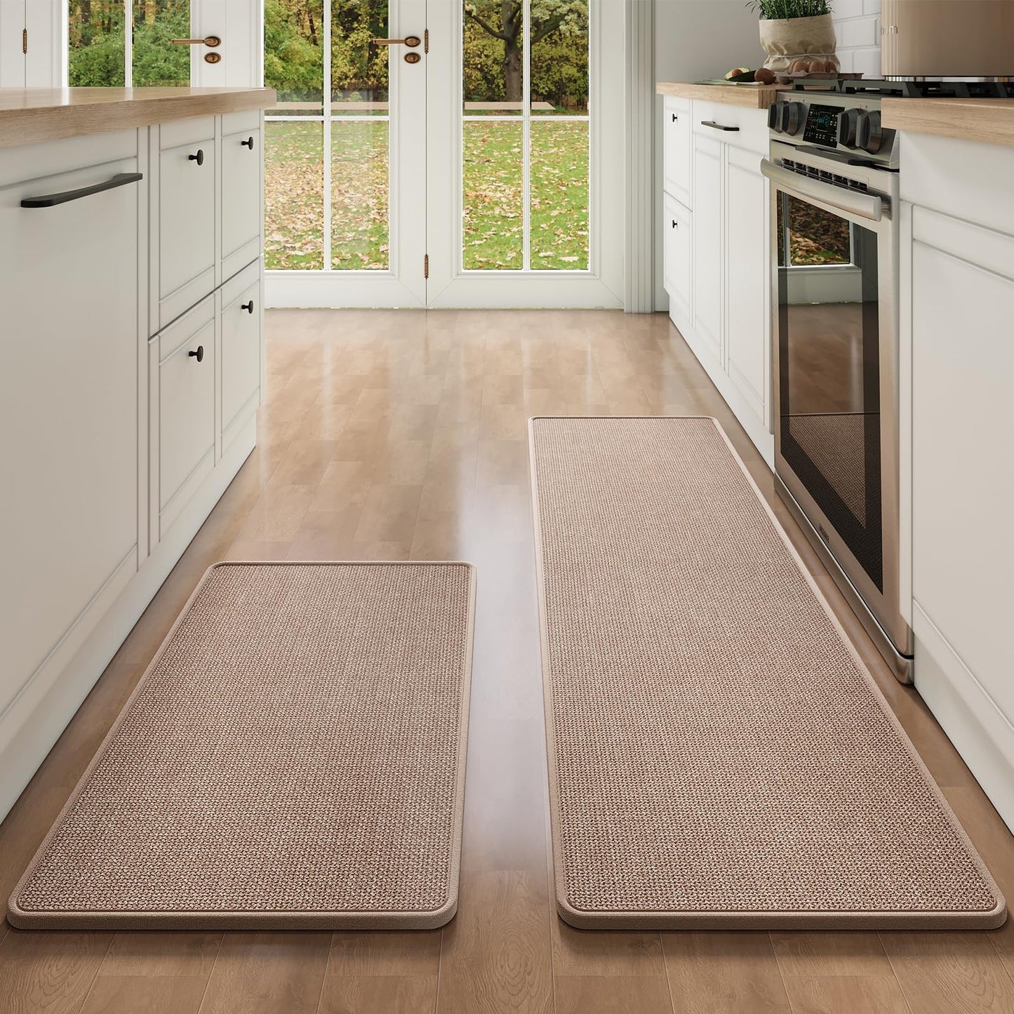 YDKGL Kitchen Mat Kitchen Rugs Sets of 2 PCS Non Slip Washable, Linen-Like 0.3" Thick Cushioned Absorbent Kitchen Mats for Floor, Mild Anti-Fatigue Sink Laundry Standing Mat, Brown 17"x30"+17"x59"