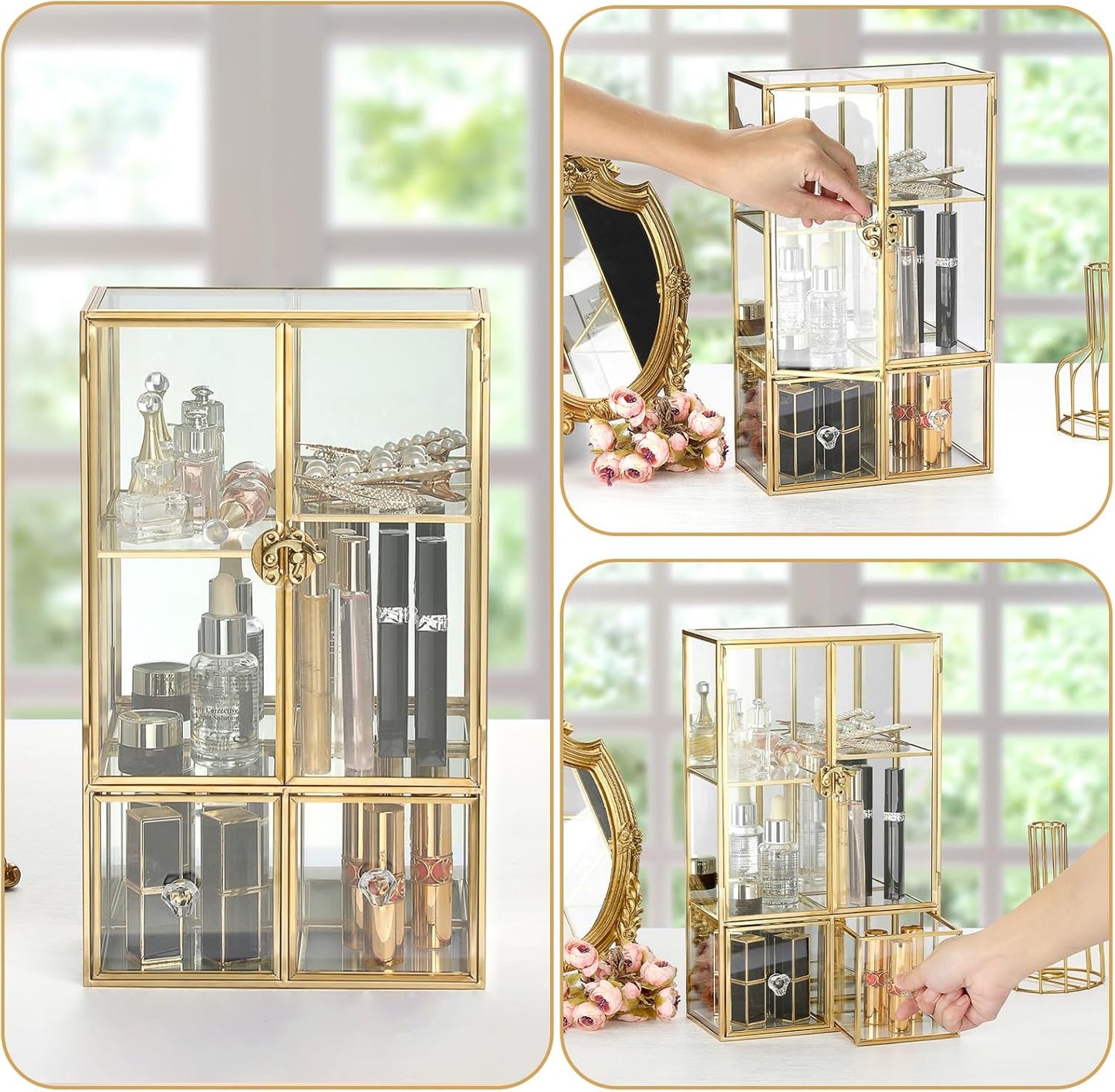 ELLDOO Clear Glass Storage Box with 2 Drawers, Gold Mirrored Jewelry Makeup Display Organizer Case