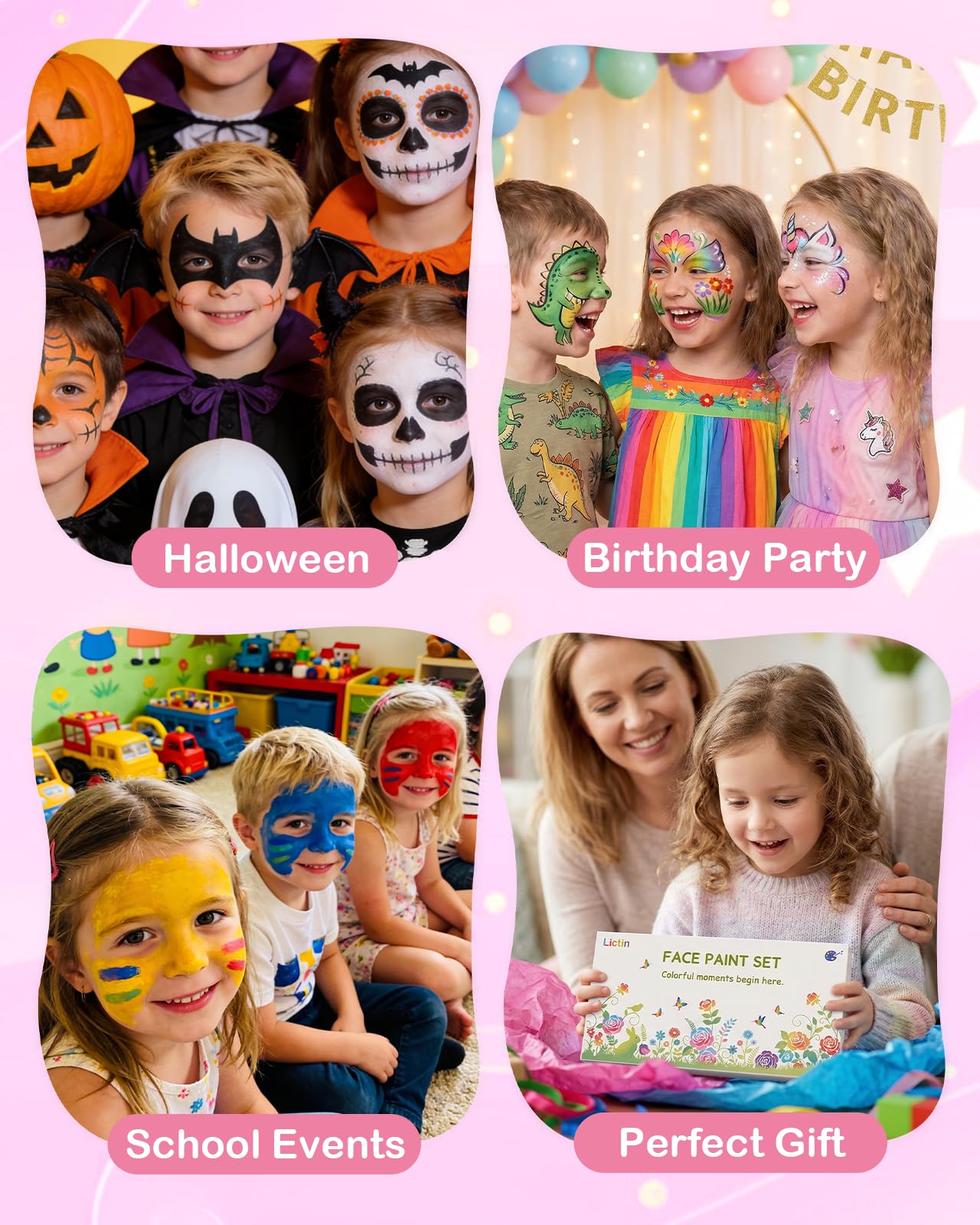 Lictin Face Painting Kit for Kids & Adults - 12x10g Split Face Paint Water Activated Water Based, Professional Body Paint Kit with Facepaint Stencils, Ideal for Party Cosplay Holiday Makeup