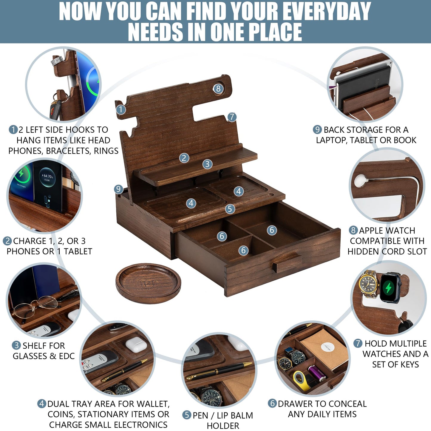 Black Wood Phone Docking Station for up to 3 Phones - Nightstand Organizer for Men & Women, Compatible with Apple Watch, Holds Phones, Tablets, Keys, Rings, Glasses, Watches, EDC & More