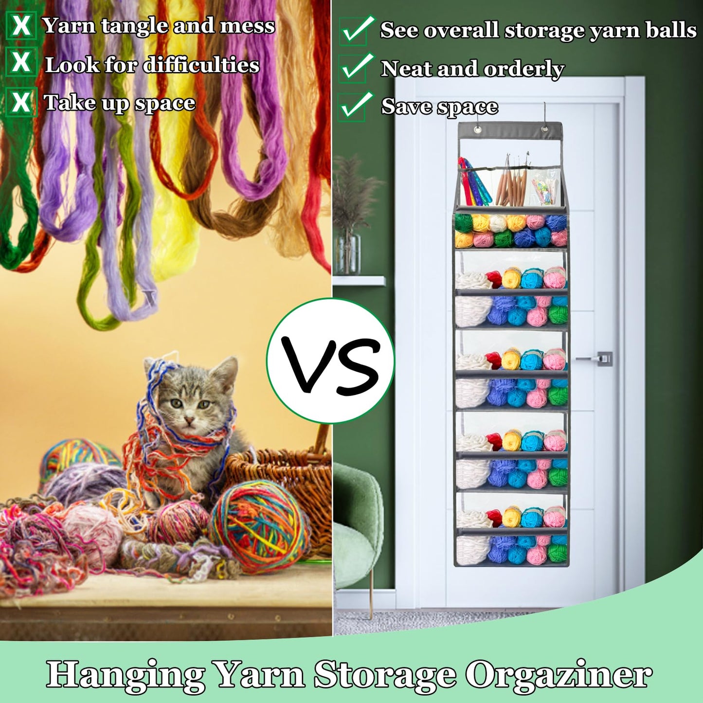 Hobekoee Hanging Yarn Storage Organizer,Large Capacity Yarn Storage Bag with 5 Yarn Balls Storage Pockets & 3 Top Crochet/Knitting Needles Pockets,Transparent Door Hanging Knitting Organizer Storage