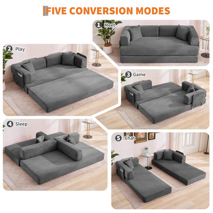 IDEALHOUSE Convertible Sofa Bed 5-in-1, 78.8 Inch Folding Futon Couch with Pull Out Bed, Corduroy Upholstered No-Assembly Loveseat Sleeper for Living Room, Bedroom, Lounge, Grey