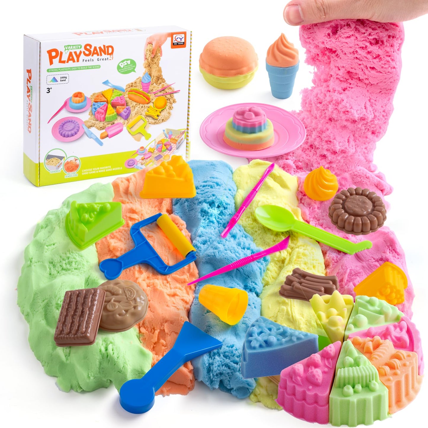 Crelloci Food Theme Magic Play Sand Kit for Kids – 2.2lb Sensory Play Sand with Burger, Hot Dog, Chips, Cake & Ice Lolly Moulds, Cutters, Roller, Fork & Spoon – Creative Sand Toys for Kids Age 3+