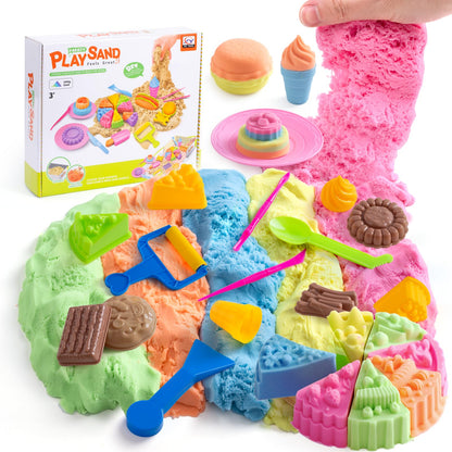 Crelloci Food Theme Magic Play Sand Kit for Kids – 2.2lb Sensory Play Sand with Burger, Hot Dog, Chips, Cake & Ice Lolly Moulds, Cutters, Roller, Fork & Spoon – Creative Sand Toys for Kids Age 3+