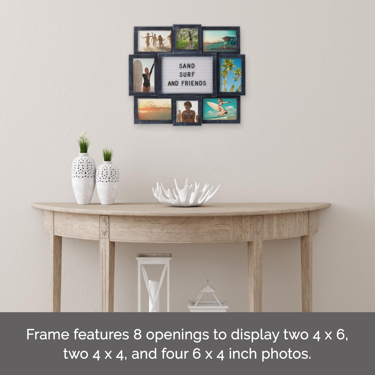 MELANNCO Collage Picture Frame with Letter Board, 8 Opening Photo Display for 4x6 and 4x4 Photos, 19 x 17 Inch Wall Decor with 144 Changeable Letters, Numbers and Symbols, Distressed Black