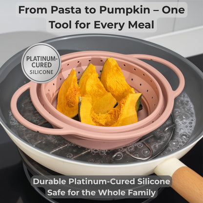 Silicone Colander Set – Collapsible Platinum Silicone Strainer with Stainless Steel Rim, Space-Saving & Heat-Resistant, Dishwasher Safe, BPA-Free by SelectShen™ (3 Pack)
