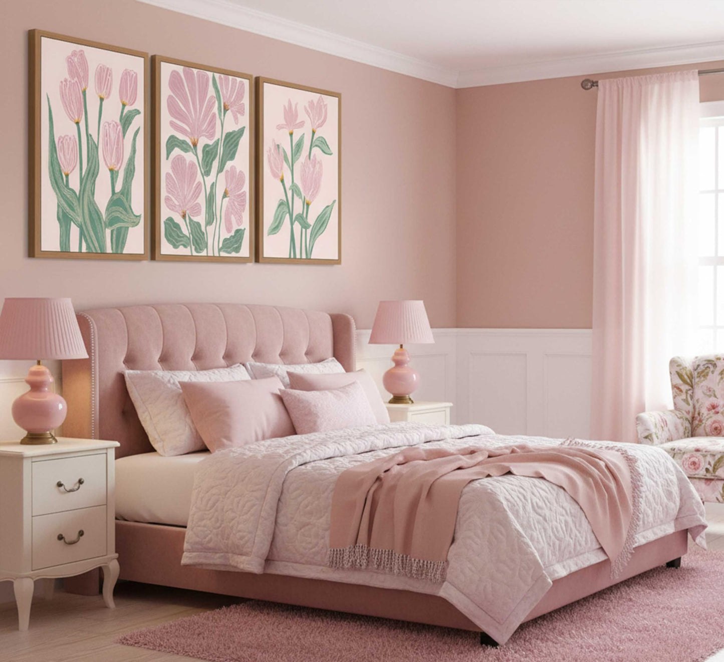 3 Pcs Pink Tulips Flowers Canvas Wall Art Boho Pink and Green Abstract Floral Botanical Paintings Pictures Wall Decor Poster Print Artwork for Living Room Bedroom Home Decoration Unframed