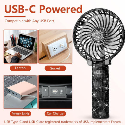 Mudder Crystal Bling Rhinestone Mini Handheld Fan, Portable USB Rechargeable Fan for Girls Women Outdoor Travel