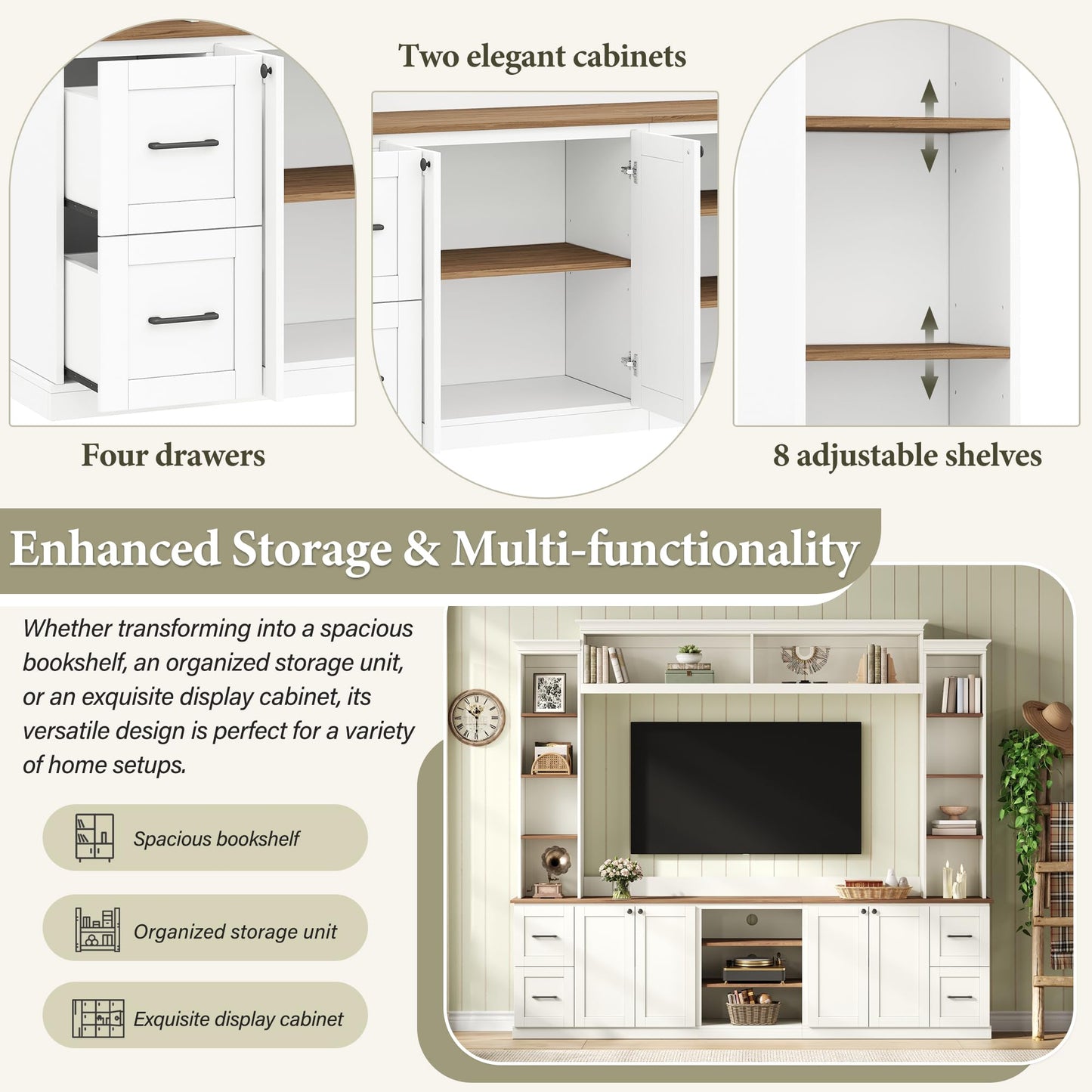 Ball & Cast 94.8" Entertainment Center Wall Unit with Bookshelf for TVs Up to 70",Farmhouse Large TV Stand with Walnut Adjustable Shelves,Retro Media Console with 4 Drawers for Living Room,White