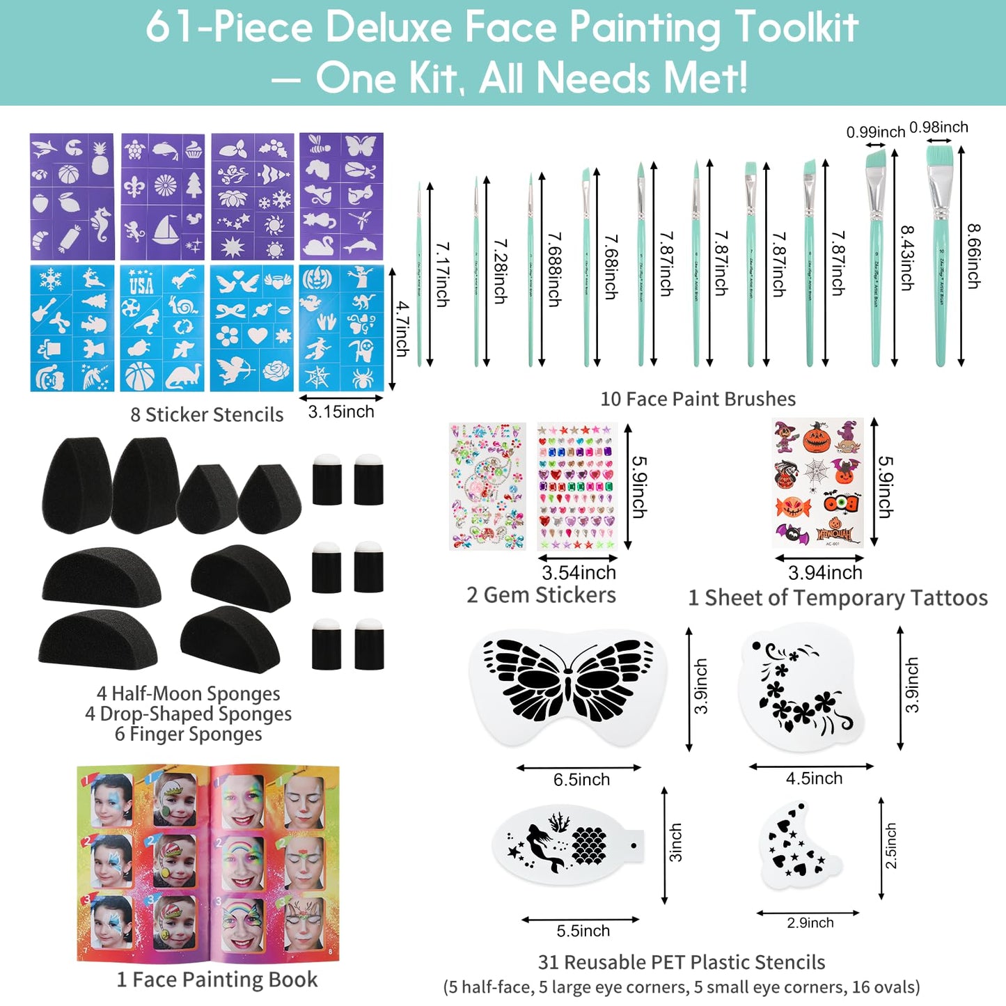 67-Piece Deluxe Face Painting brushes and Stencils Kit - Safe Non-Toxic Tools with Brushes, Sponges, Reusable Stencils, Stickers, Book & More, Perfect for Carnival, Halloween & Parties