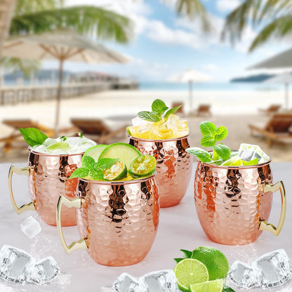 Amrules Moscow Mule Mugs Set of 4, 16 OZ Hammered Copper Cups with 304 Stainless Steel Lining and Gold Brass Handles, for Cold Drinks, Beer, Wine, Bars, Parties