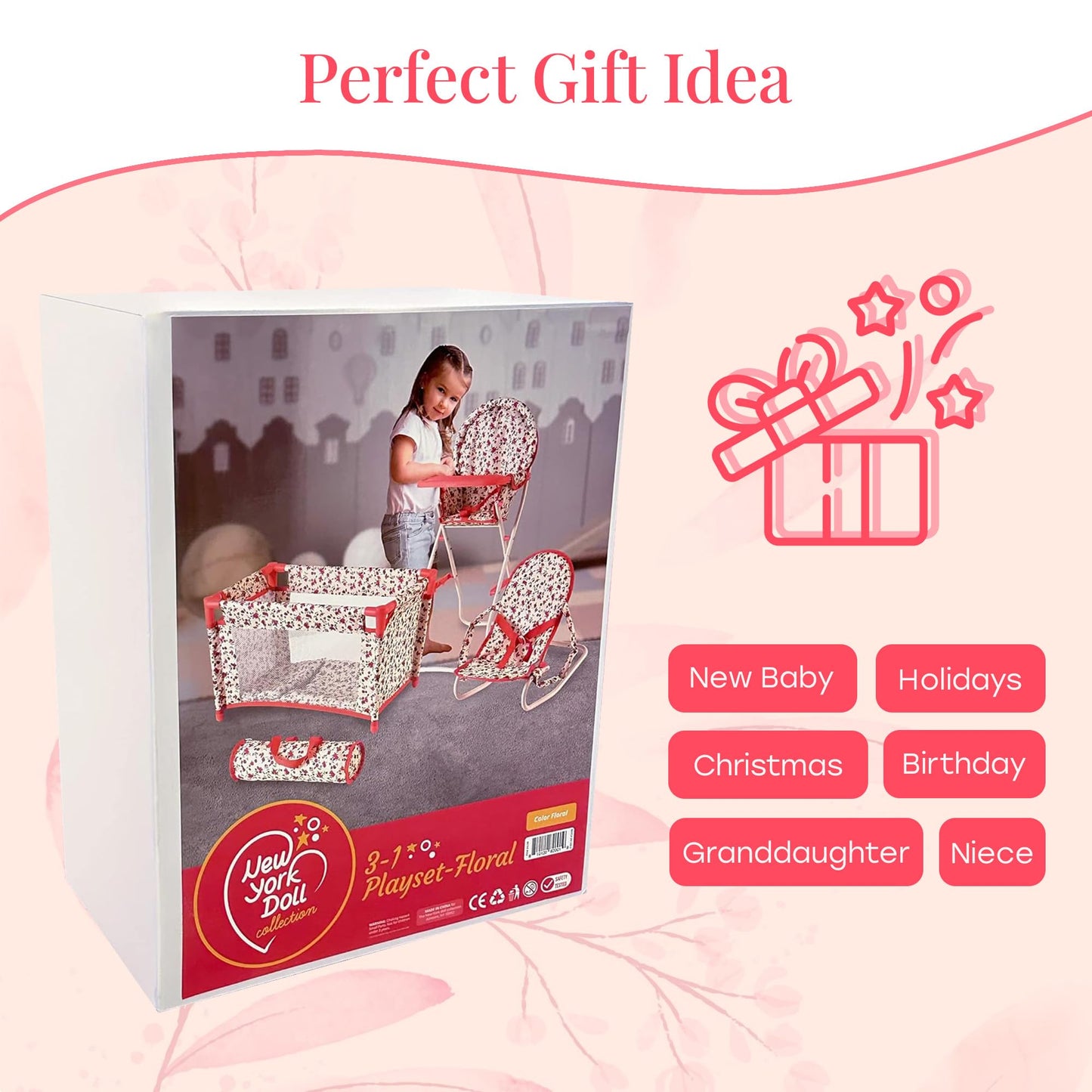 Floral Baby Doll Accessories Set, 3-1 Baby Doll Crib, Baby Doll High Chair & Bouncer Seat. 18 inch Doll Accessories with Doll Bed. 18" Dolls Furniture Play Stuff. Toys for Girls Ages 3-5,4-6,5-7,8-10
