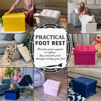 17x13x13in(ROSEO) LINMAGCO Storage Ottoman Folding Foot Stool Velvet Foot Rest with Padded Modern Ottoman with Storage