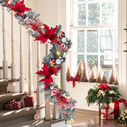 FairyLee 6ft Battery Operated Christmas Garland with 20 LED Lights & Timer, Pre-Lit Artificial Garland for Mantle, Staircase, Table, Indoor Outdoor Xmas Holiday Decor,Red Flower