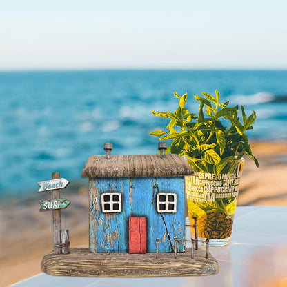 Veclotch Wood Miniature Nautical Table Sculptures Home Decor, Small Wooden House Figurine Garden Ornament Summer Mini House Statue with Beach Surf Sign