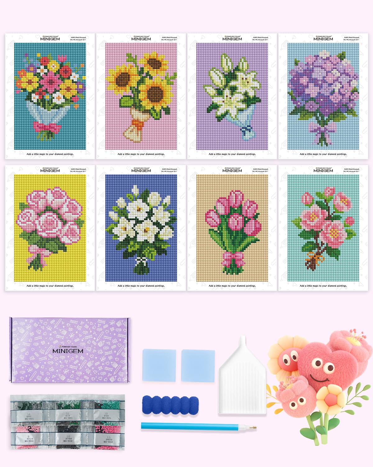 forever young Minigem Diamond Art Flowers Kits for Beginners, 8 Pcs Flower Resin Square Drill Diamond Painting Kits for Adults, 2-Hour Canvas Flower Small Diamond Art Kits for Adults (5x7 Inch)