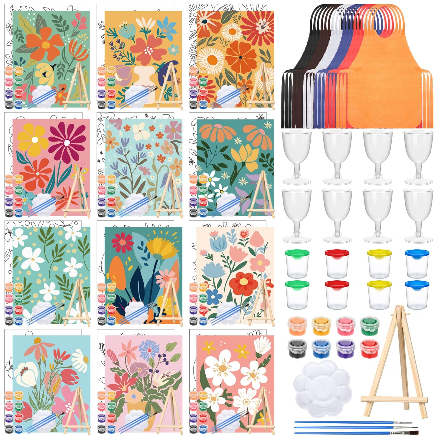 Sherr 96 Pcs 12 Sets Pre Drawn Canvas Kit for Painting Craft Sip and Paint Kit for Adults Pre Printed Canvas Painting Favor for DIY Birthday Gifts Adult's Date Party, 8 x 10 Inches(Flower)