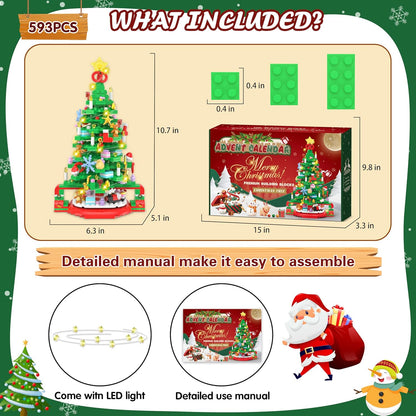 Advent Calendar 2024 Christmas Tree Building Set, 24 Boxes Christmas Countdown Calendar with Warm Light for Adults