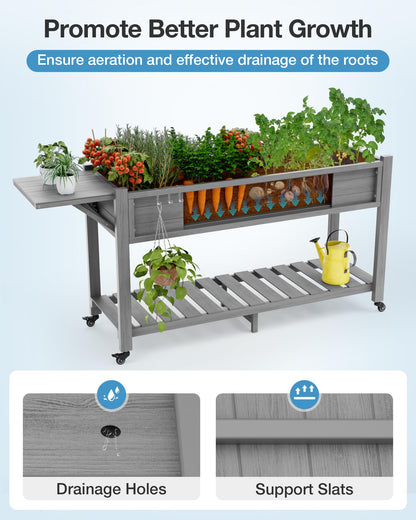 YEFU Raised Garden Bed with Legs: 57x18x30in Elevated Poly Planter with Wheels,Waterproof Mobile Raised Bed Garden, Elevated Planter Box Stand with Storage Shelf,for Deck,Patio,Porch,Yard (Grey,2pcs)