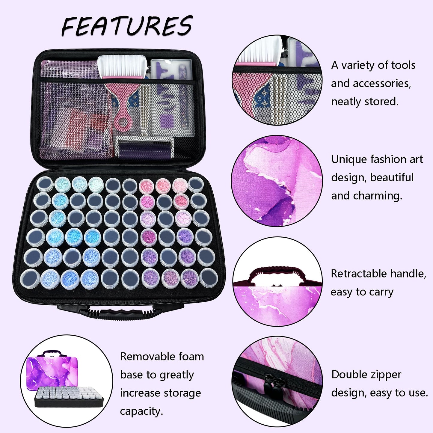 Muzagroo Art Diamond Painting Storage Containers, Diamond Art Storage Case with Accessories and Tools, Portable Shockproof 60 Slots Organizer Case for Diamond Painting Kits M (Purple)