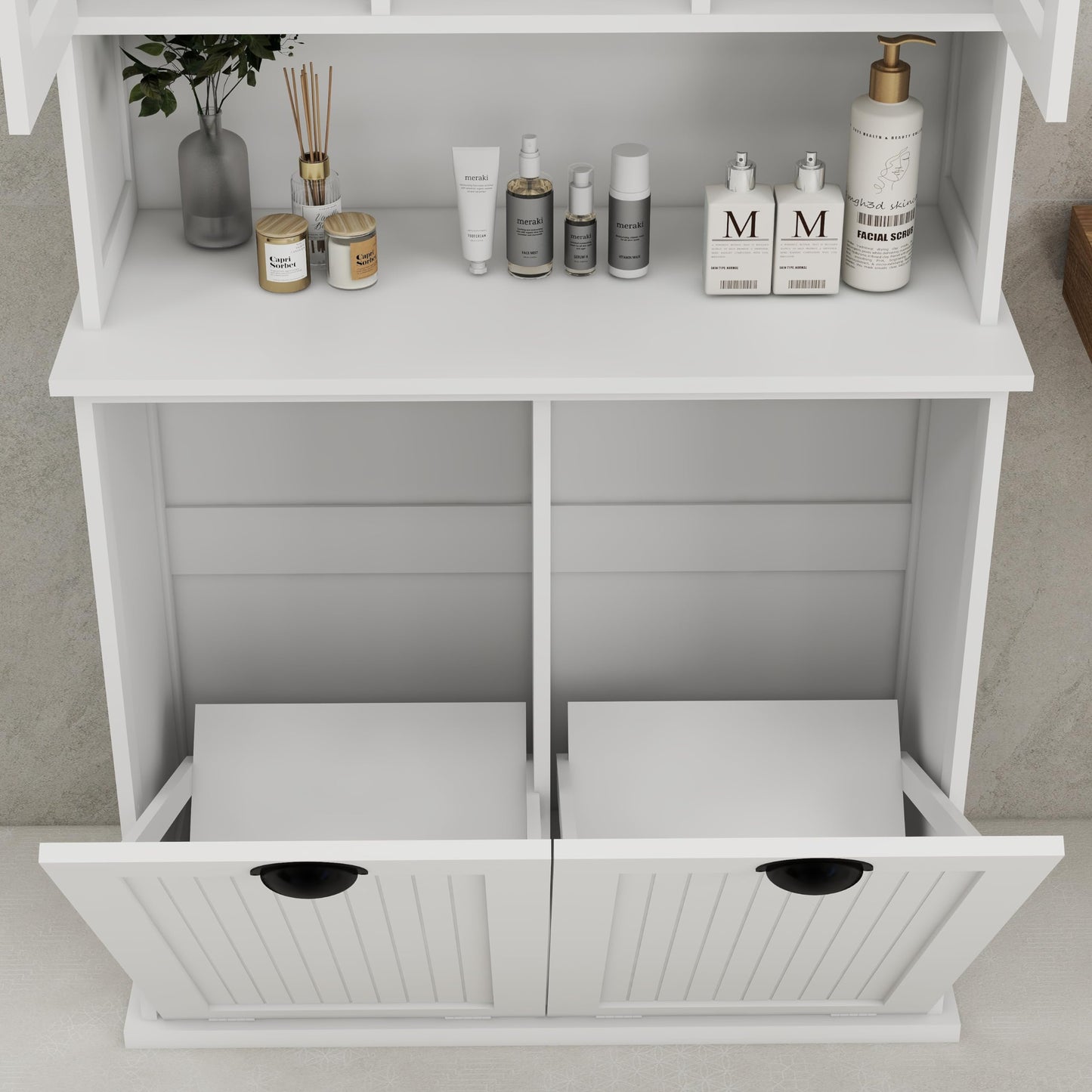 cattino 56.69" Tall Bathroom Laundry Cabinet with 2 Tilt-Out Baskets & 2 Adjustable Shelves - 2 Compartment Dirty Clothes Hamper Storage Organizer, 150 lbs Capacity - White