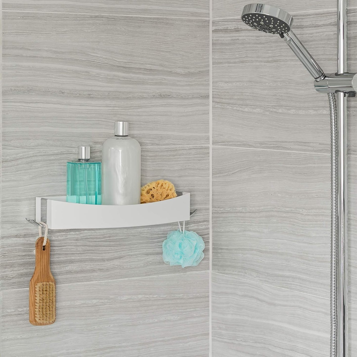 Better Living Clever Flip Shower Shelf, Wall Mounted Shower Caddy Organizer, 16.88" x 4" x 2.88", White, No Drilling