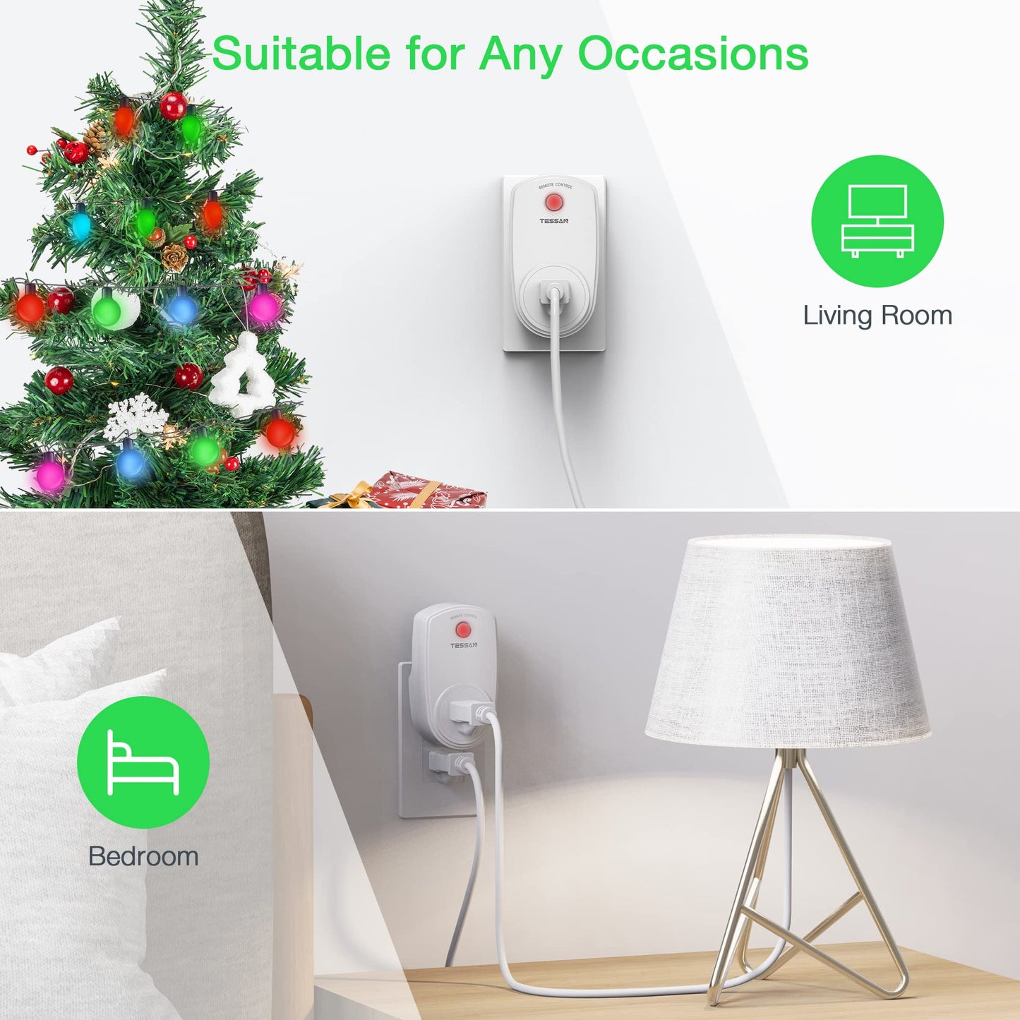 3 Pack Remote Control Outlet, TESSAN Wireless Electrical Plug Switch for Lights, Lamps, Fans, 100ft RF Range Indoor On/Off Switch, 1200W (1 Remote + 3 Outlet)