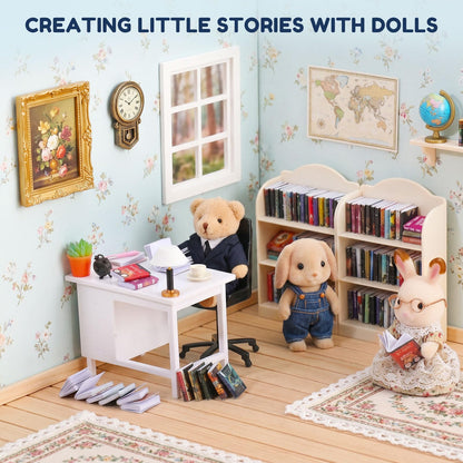 1:12 Scale Mini Desk Set with 100 Mini Books & 2 Bookshelves — Miniature Dollhouse Furniture Set with Office Chair, Computer & 15+ Accessories — Mini Desk Accessories for Doll House Diorama