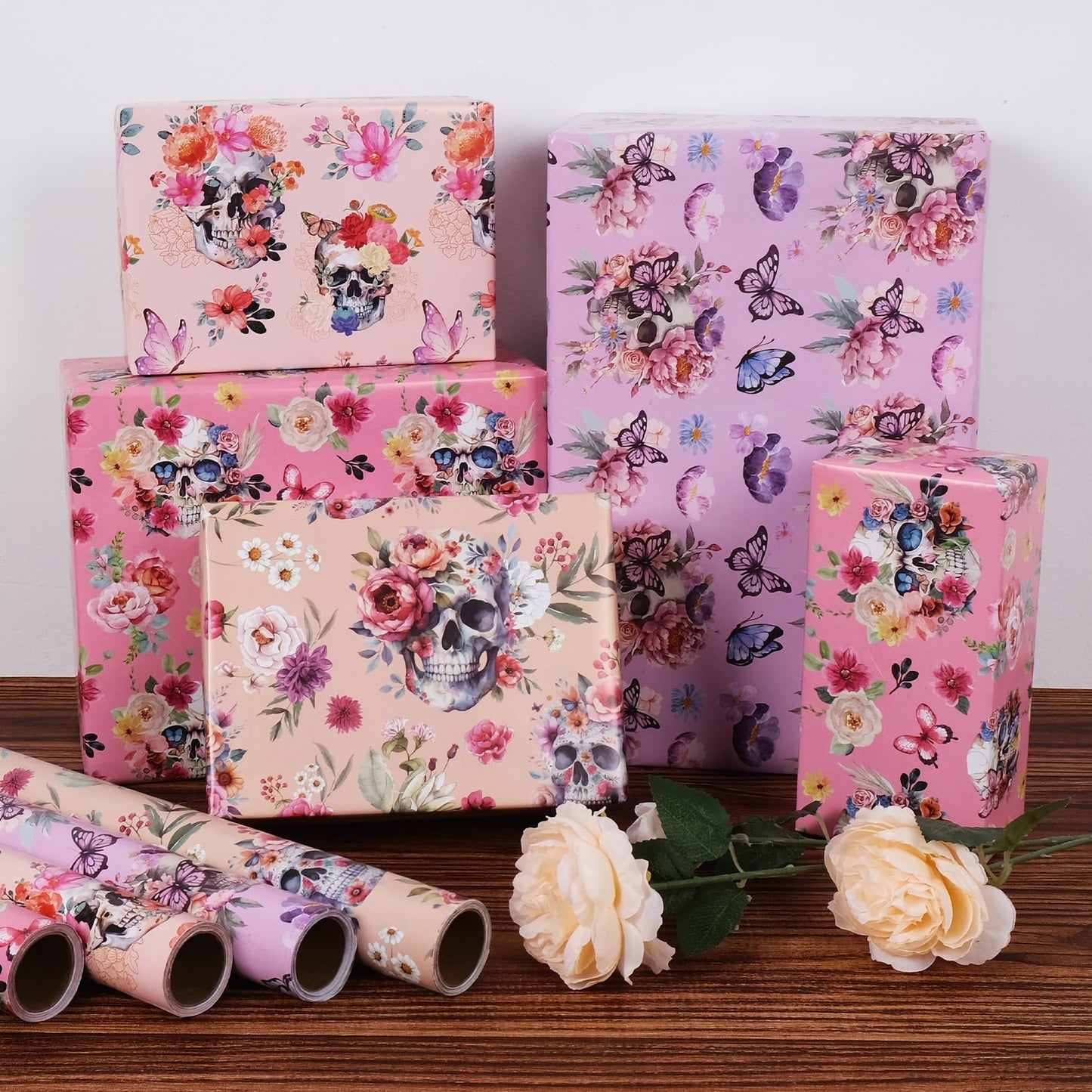 Aimyoo Halloween Wrapping Paper Rolls - 17 Inch x 16.5 Feet - 4 Rolls - Gothic Skull, Floral Design Perfect for Halloween, Christmas Decorations, Holidays, and Parties