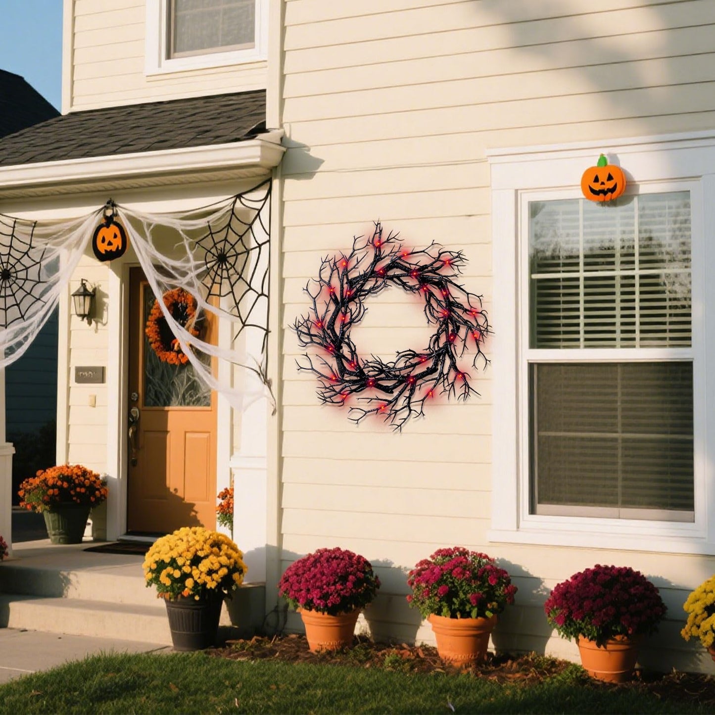 Halloween Black Branch Wreath - 16.5 Inch Glitter Black Twig Halloween Wreaths with Red Lights for Front Door Indoor Outdoor Party Window Wall Decor Farmhouse Garland Yard