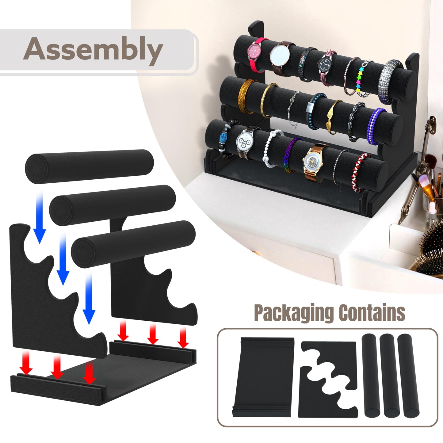Comelyjewel 3 Tier Velvet Jewelry Organizer Stand for Bracelets, Watches & Necklaces – Space Saving Display Holder for Vanity & Vendor Booths