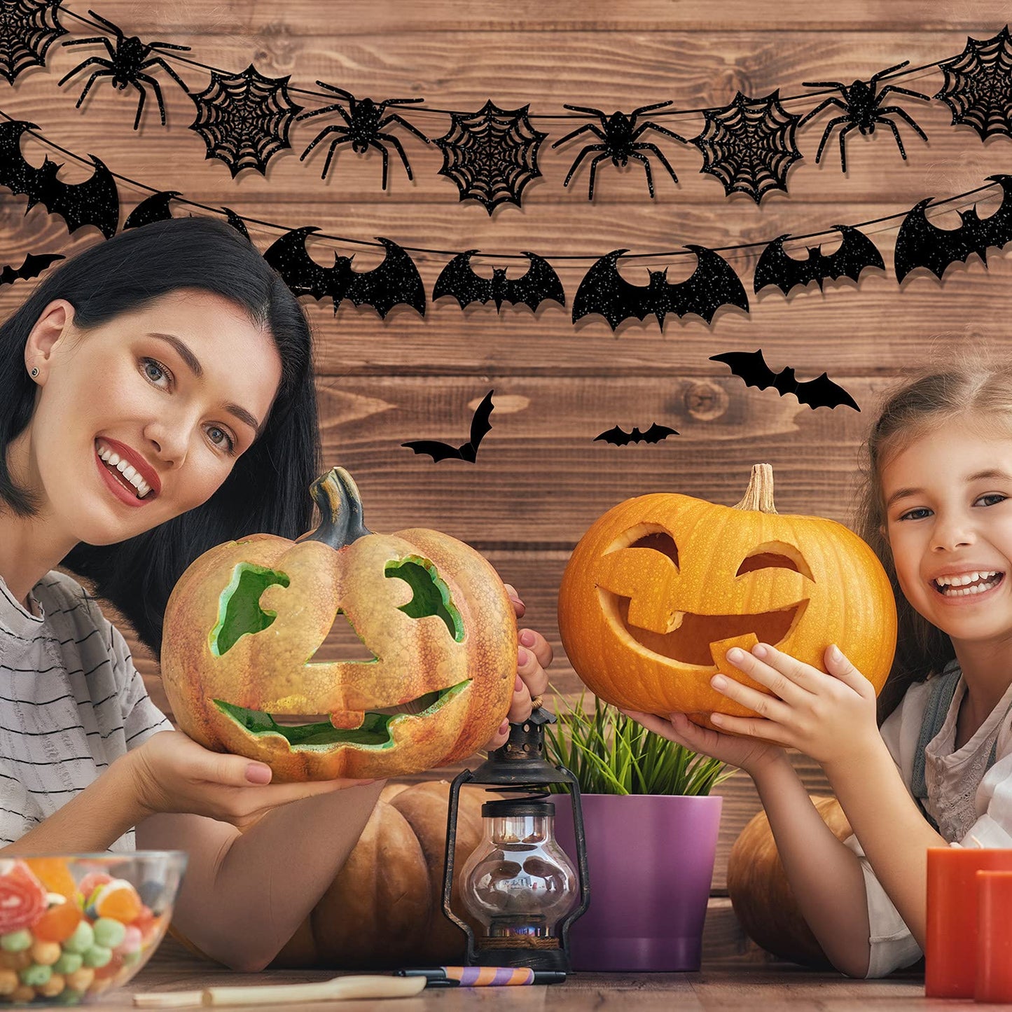 39 Pieces Halloween Decorations Black Glittery Bat Banner Spider Ghost Garland 3D Bat Wall Stickers for Halloween Party Haunted House Decoration Indoor Outdoor Mantel Supplies