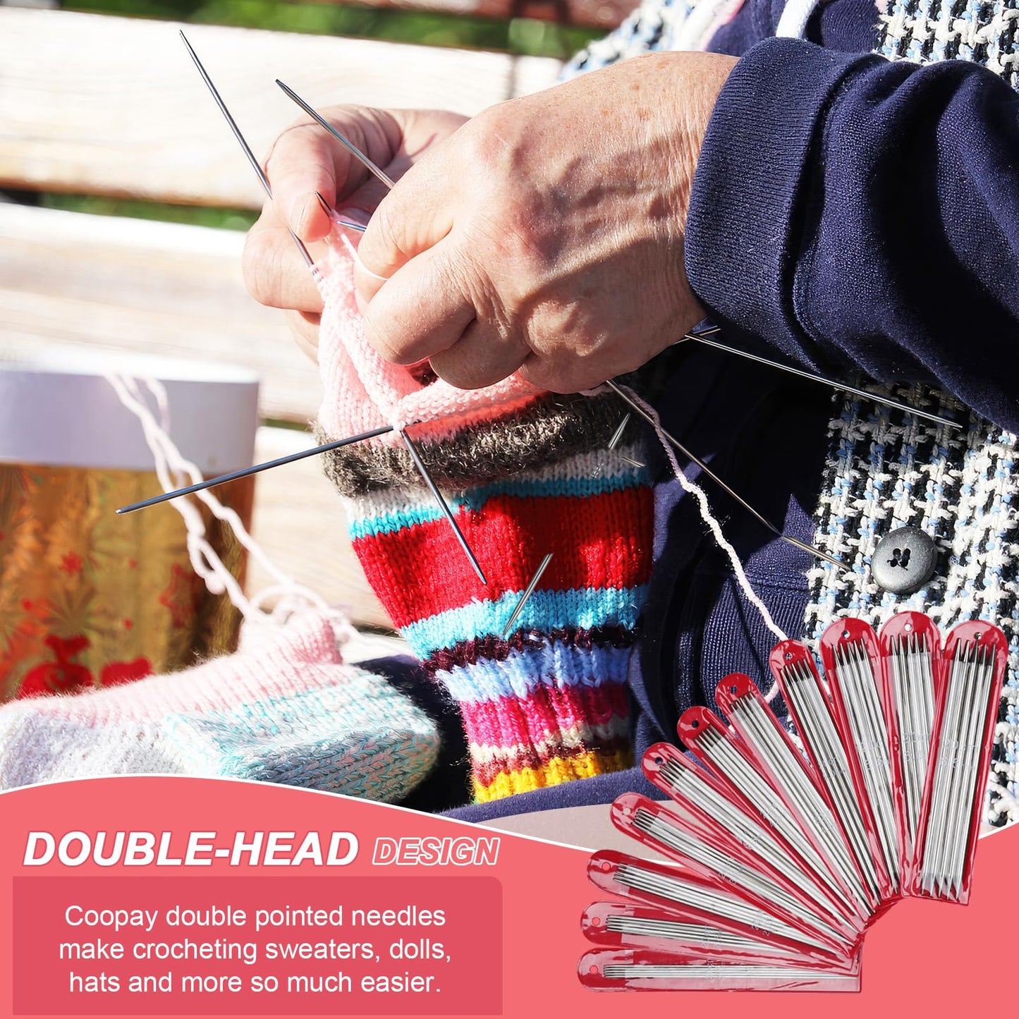 Coopay 55pcs Double Pointed Knitting Needles Set, 2.0mm-6.5mm, Sock Knitting Needles, 20cm Metal DPN Shorties Knitting Needle for Socks Gloves Hats, Double Pointed Needles with Knitting Needle Gauge