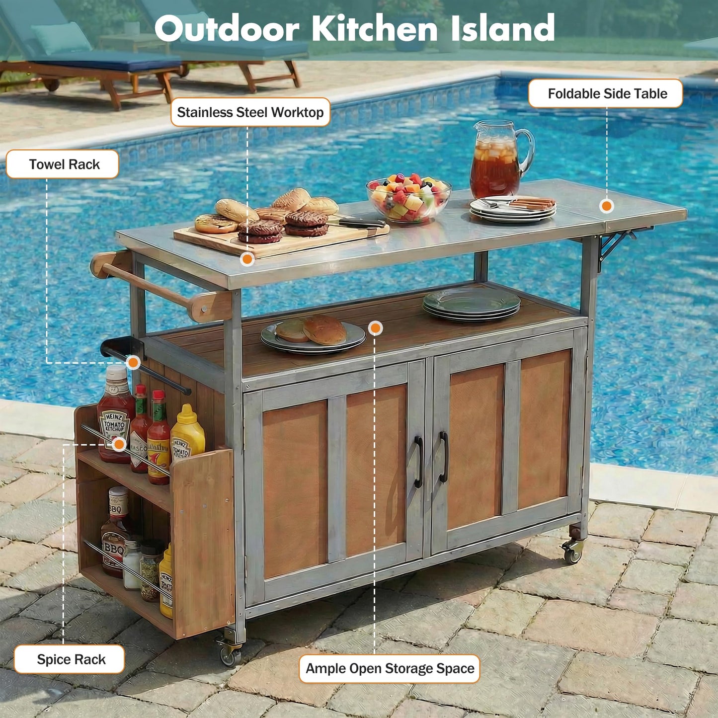 Merax 60.6" Outdoor Mobile Kitchen Island on Wheels with Stainless Steel Tabletop, Foldable Patio Grill Cart Table with Large Storage Cabinet and Towel Rack for Backyard, Garden, Espresso
