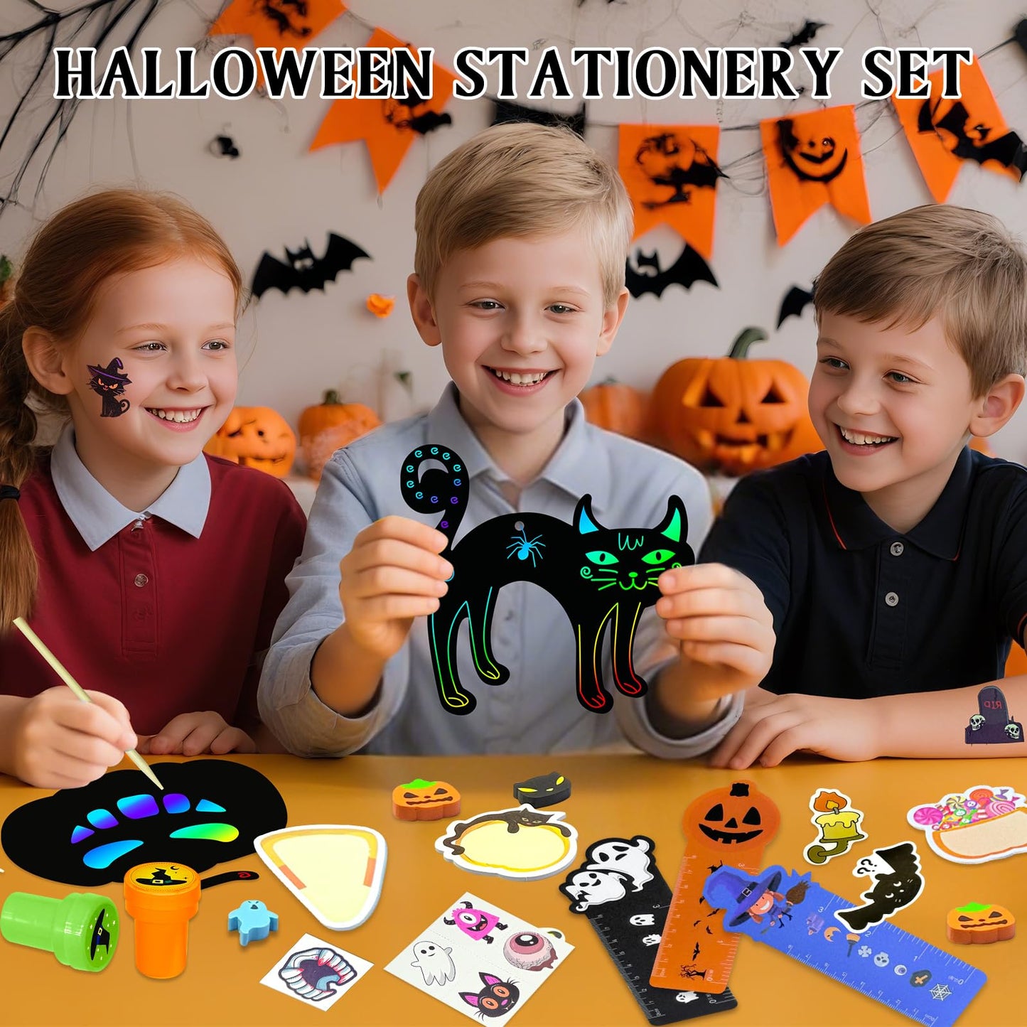 252Pcs Halloween Party Favors for Kids Bulk Stationery Set, 24 Pack Halloween Goodie Bags Stuffers Treat Bag Fillers, Classroom Prizes Non Candy Trick or Treat Toys for School Student Gifts Bags
