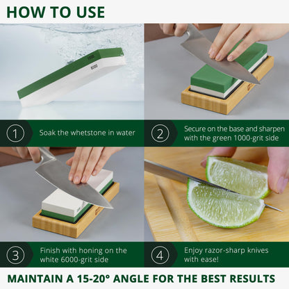 Universal Knife Sharpening Stone w/Dual Grit 1000/6000 for Kitchen Knife Set, Chef Knife, and more - Whetstone Sharpening Kit with Angle Guide, Non-Slip Silicon and Bamboo Bases by ROYAL CRAFT WOOD