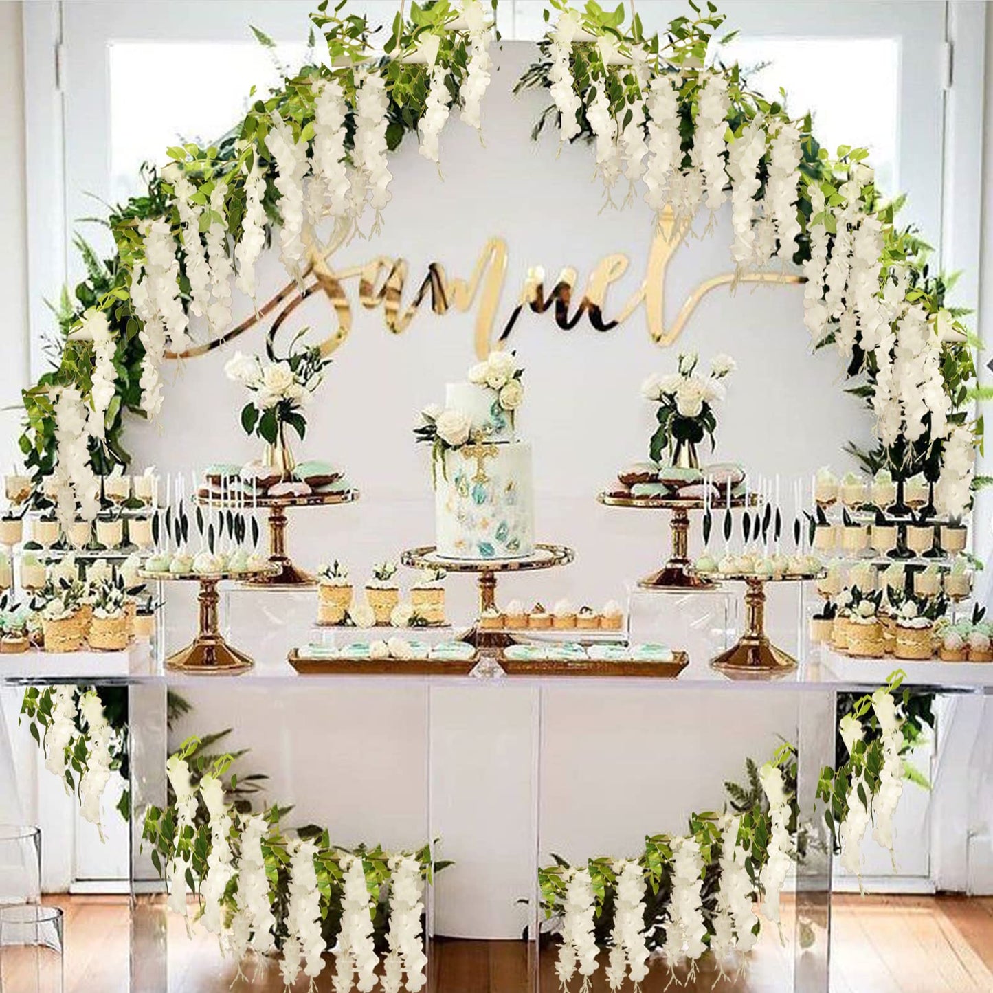 Apeair Wisteria Artificial Flowers Garland, 2Pcs Total 14.4ft Silk Faux Wisteria Vine Kit, Hanging Flower Plant for House Outdoor Garden Ceremony Outside Wedding Arch Floral Decor (2, White)