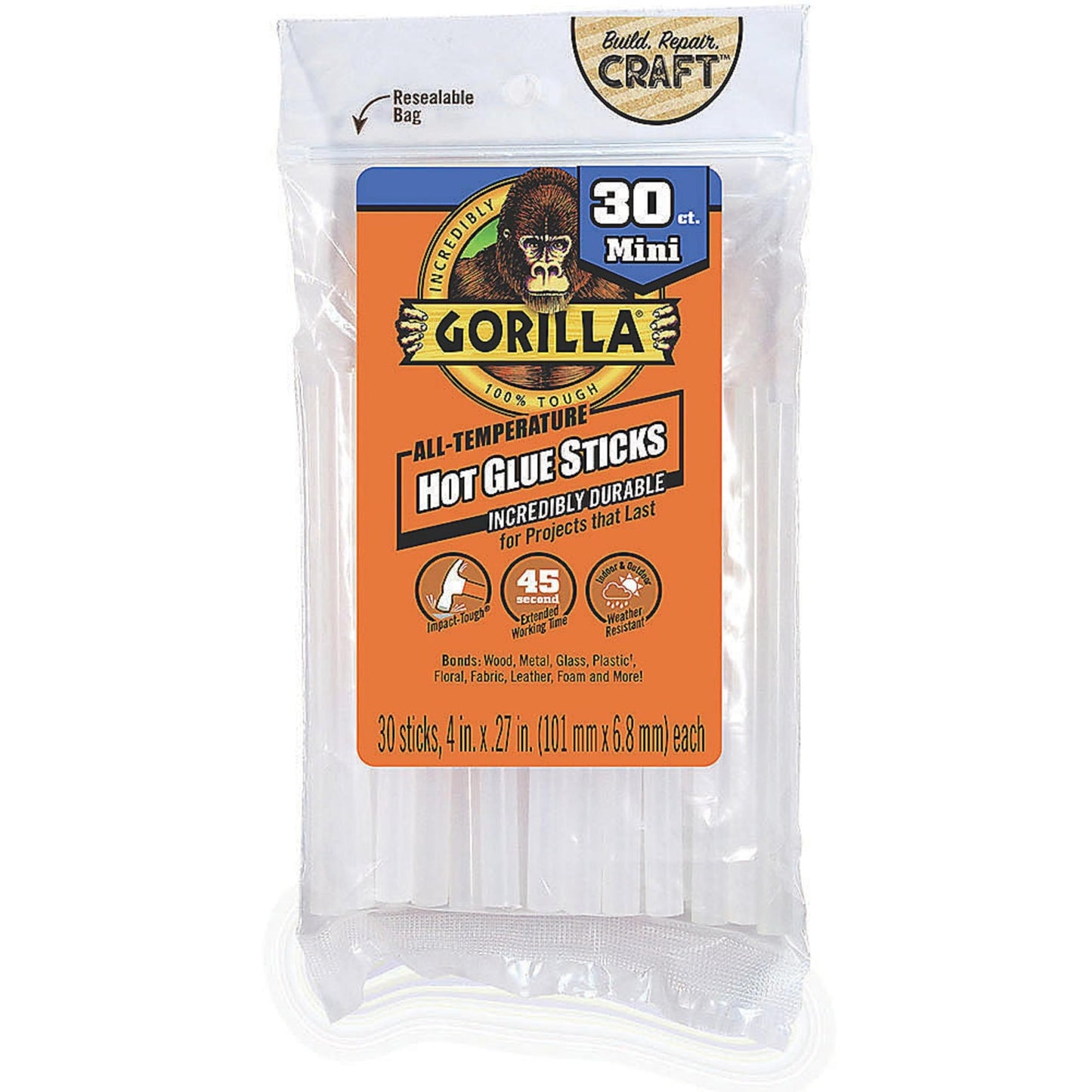 Gorilla 4" Mini Hot Glue Sticks - 30 Pieces